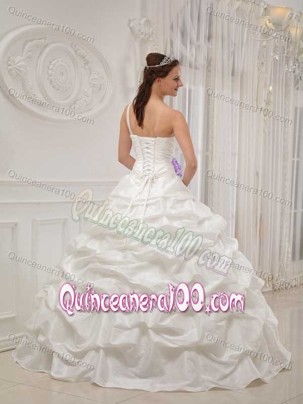 One Shoulder Beading and Hand Made Flowers Dresses For Quinceaneras