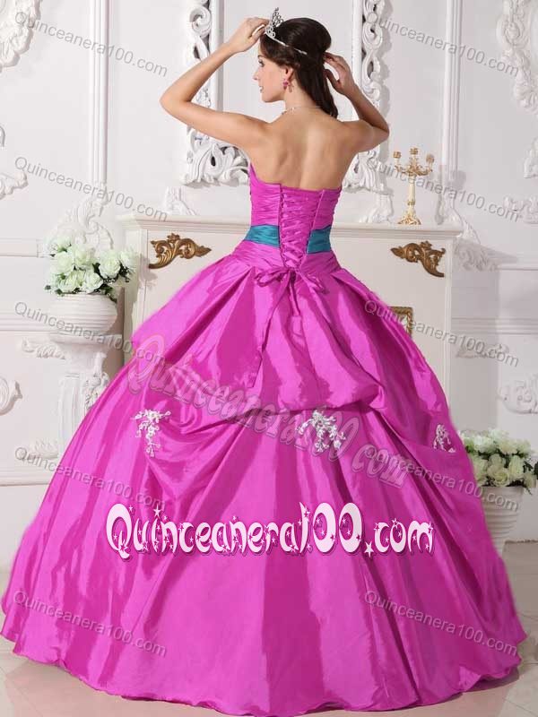 Appliques Hot Pink Beading and Ruche Quinceanera Dress with Sash