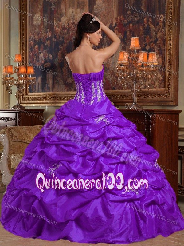 Purple Strapless Appliques and Ruche Quinceanera Dress with Pick-ups