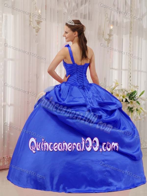 Ruching One Shoulder Blue Beading and Pick-ups Quinceanera Dress