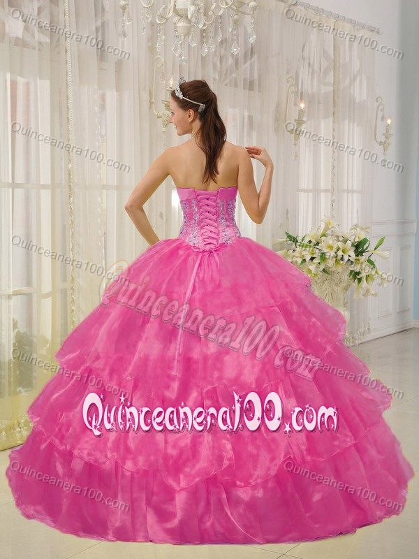 Hot Pink Hand Made Flowers and Beading Quinceanera Dress with Layers