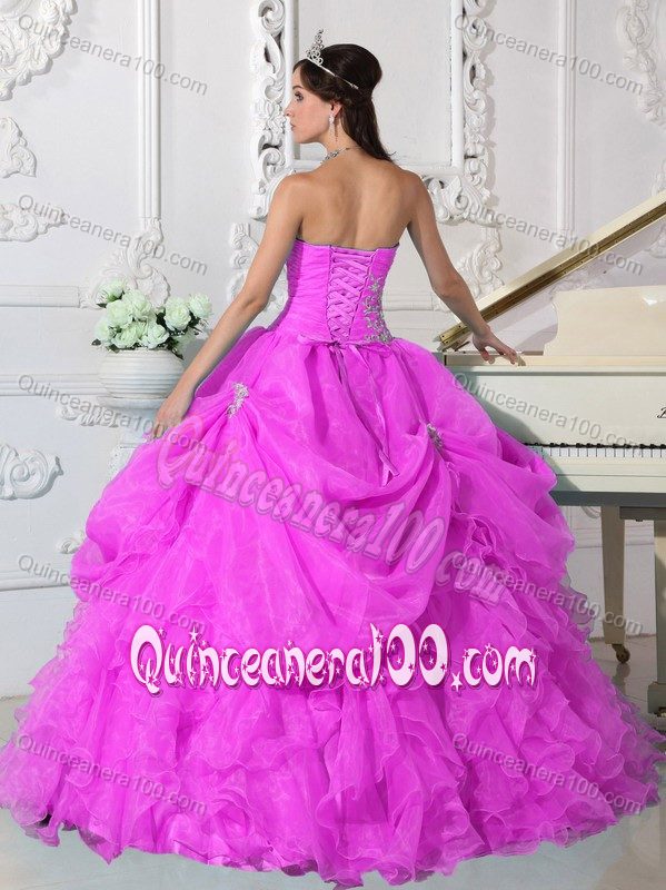 Ruffles Strapless Hot Pink Floor-length Organza Beading Quinceanera Dress