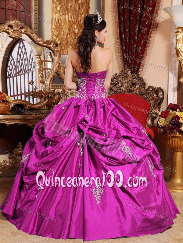 Hot Pink Taffeta Appliques and Pick-ups Dresses For a Quinceanera