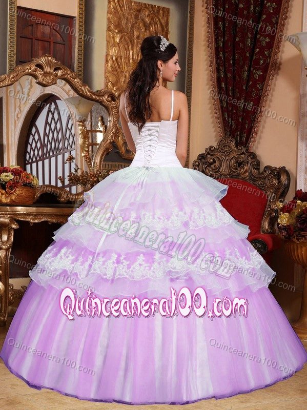 Beauty and geeks Spaghetti Straps Lace Appliques Quinceanera Dress in Lavender and White