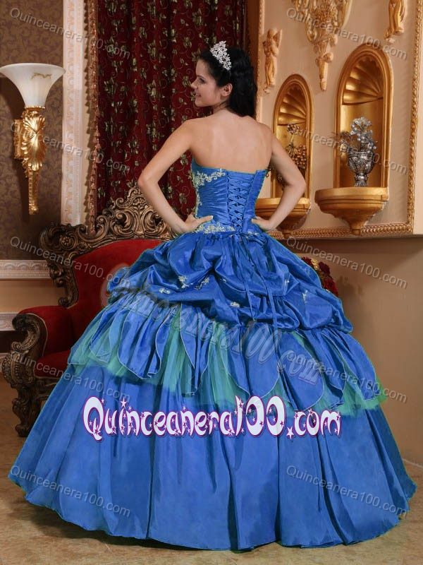 Blue Appliques and Ruche Taffeta Quinceanera Dress with Pick-ups