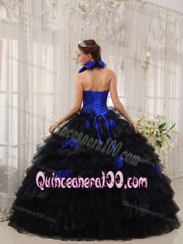 Hand Made Flowers Halter Quinceanera Dress in Dark Blue and Black