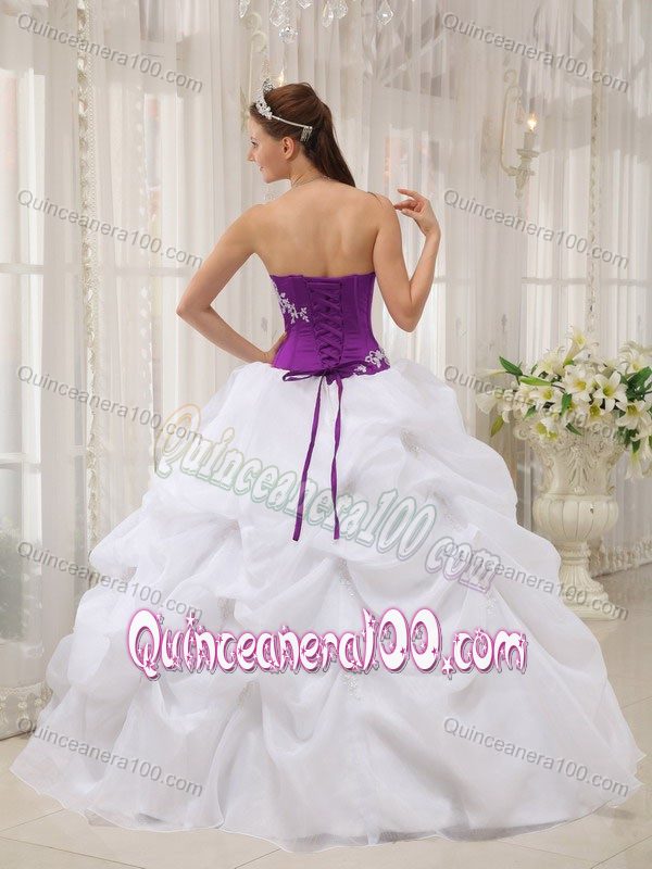 White and Eggplant Purple Appliques Quinceanera Dress with Pick-ups