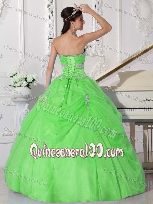 Appliques and Hand Made Flower Strapless Spring Green Quinceanera Dress