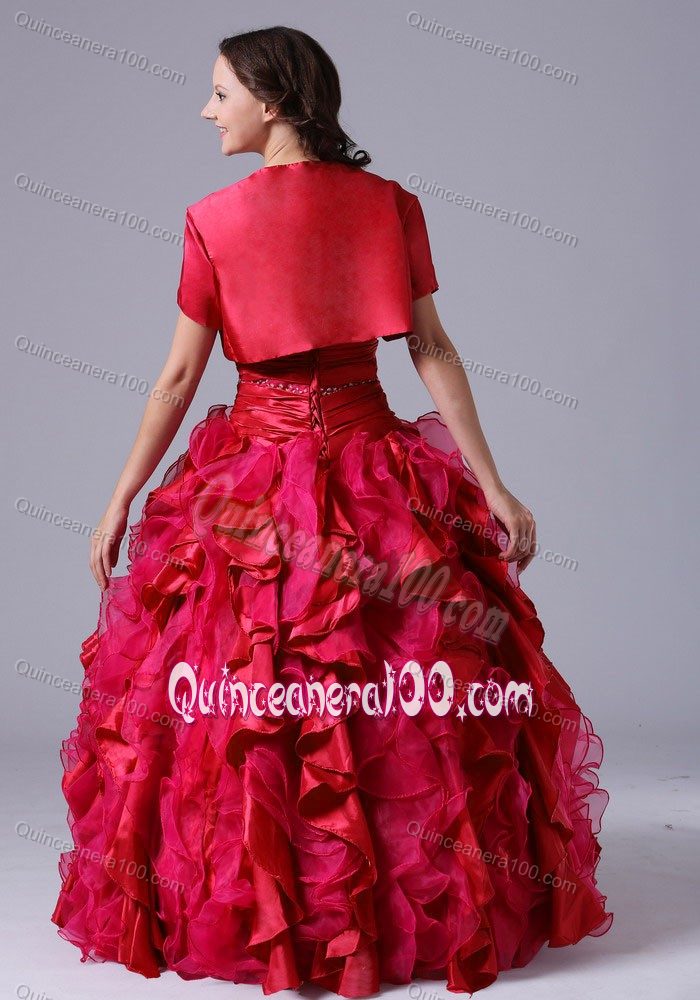 Banding and Ruche Red Quinceanera Dress With Ruffles and Jacket