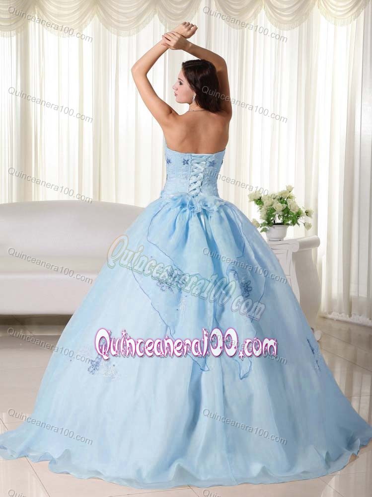 Embroidery Baby Blue Strapless Organza Sweet 16 Quinceanera Dresses