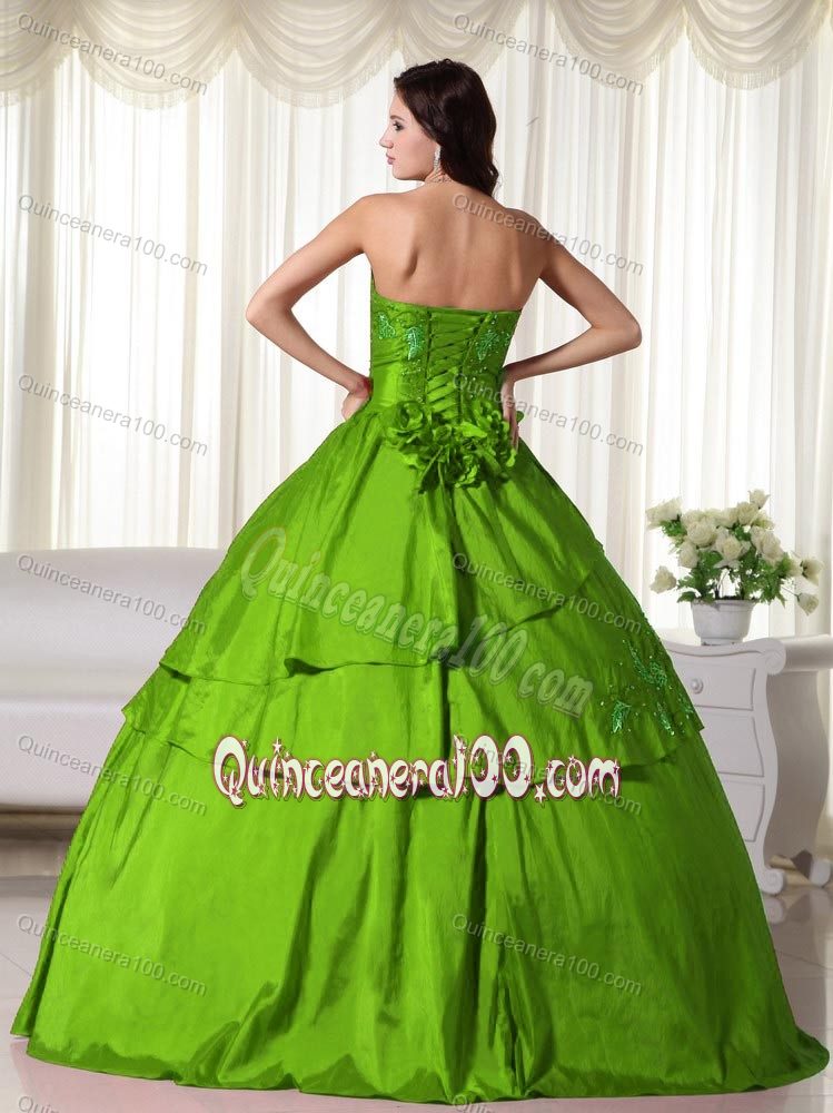 Ruching Strapless Taffeta Hand Made Flowers Quinceanera Dress in Green