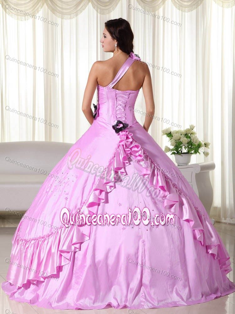 Pink One Shoulder Quinceanera Dress with Beading and Hand Made Flowers