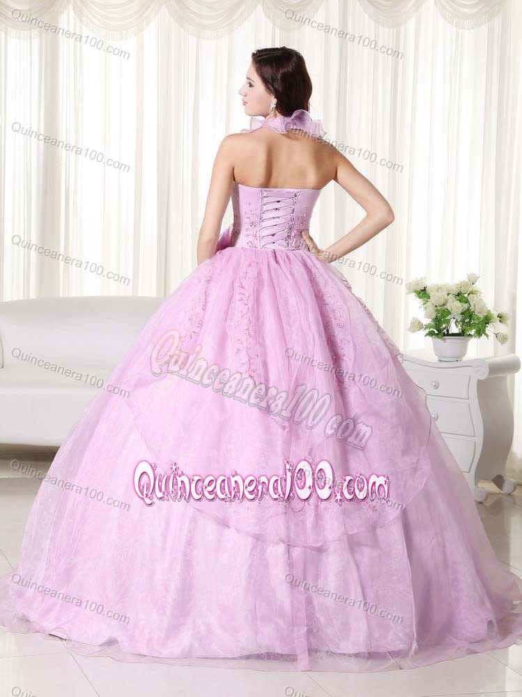 Halter Pink Chiffon Quinceanera Dress with Embroidery and Beading