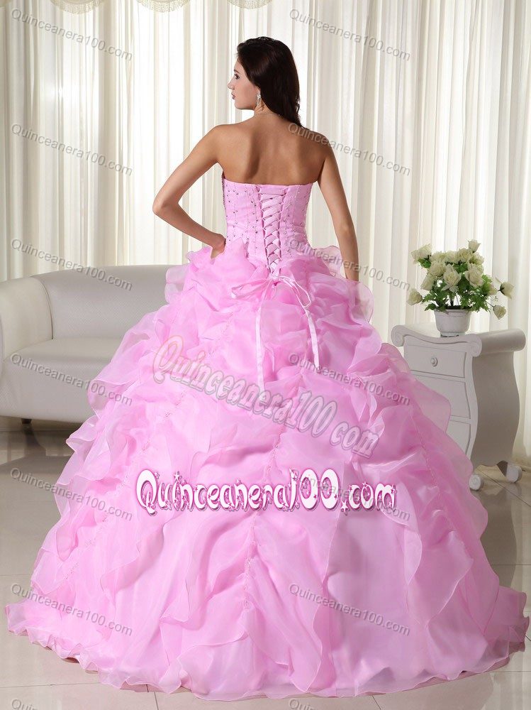 2013 Beading and Layers Pink Strapless Organza Dress For Quinceanera