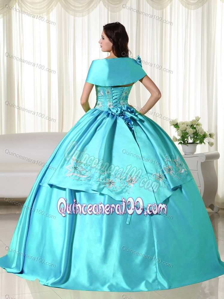 Off the Shoulder Baby Blue Taffeta Quinceanera Dress with Embroidery