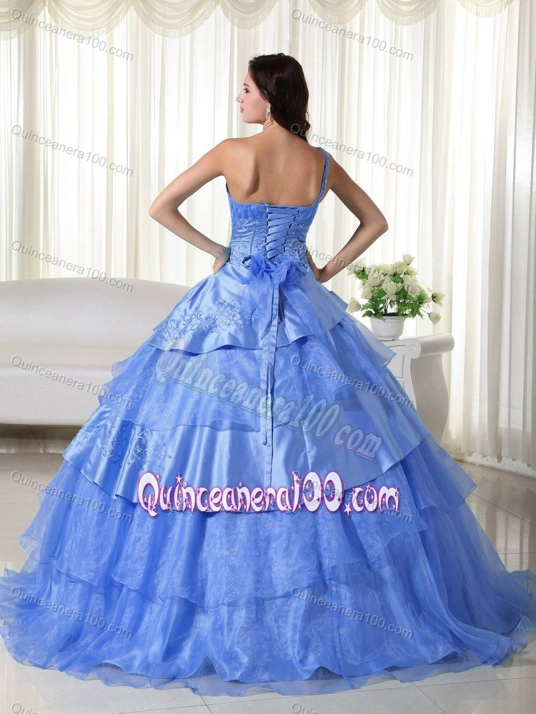 Beading One Shoulder Blue Organza Quinceanera Dress with Layers