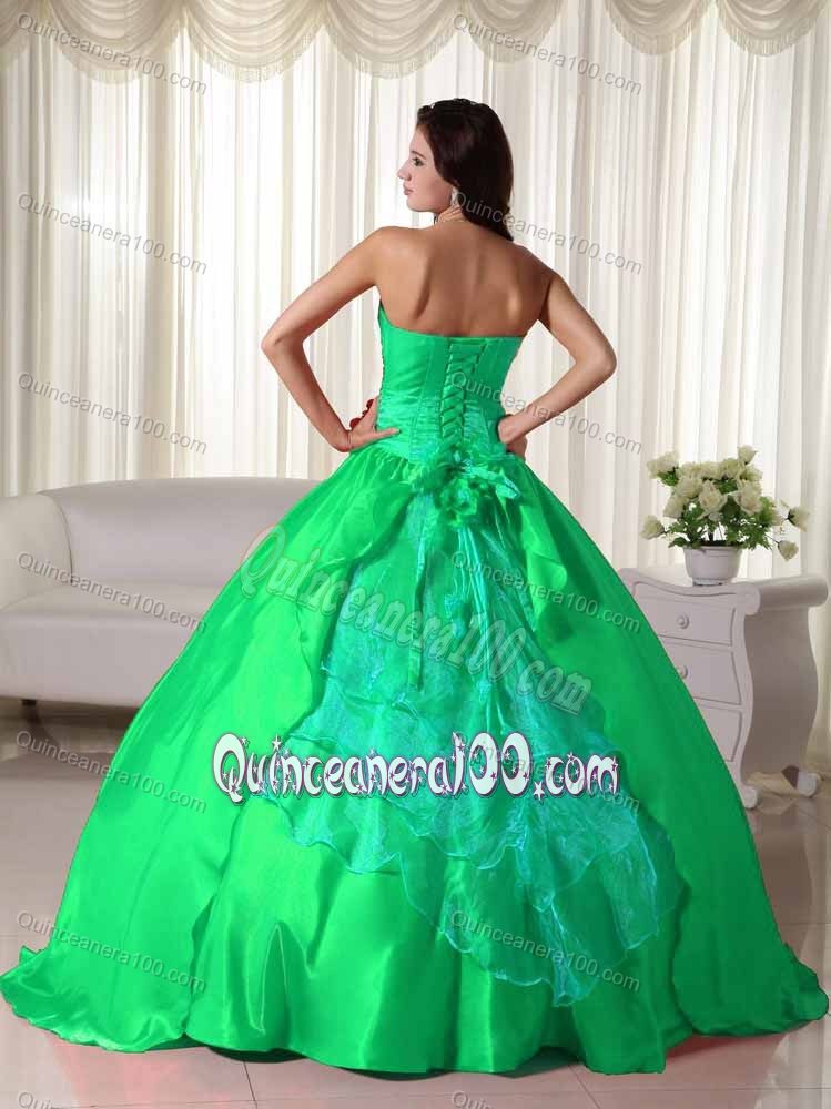 Ruche and Hand Made Flowers Green Strapless Dress For Quinceanera