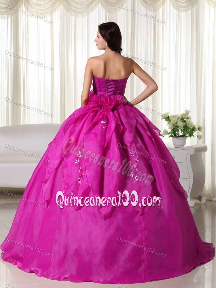 Hand Made Flowers Strapless Fuchsia Organza Appliques Dresses Of 15