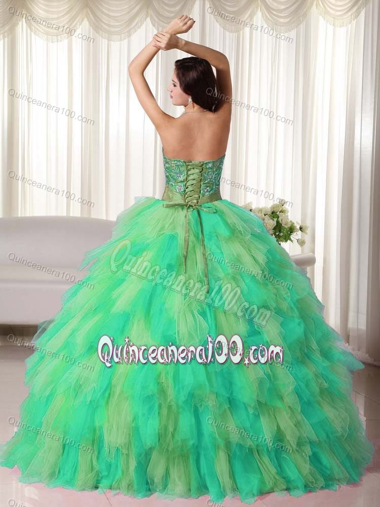 Appliques and Sash Strapless Tulle Quinceanera Dress in Multi-color