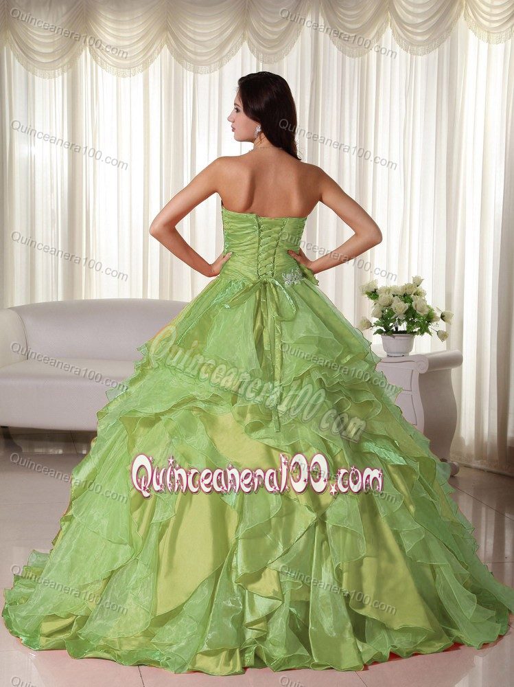 Yellow Green and White Appliques Quinceanera Dress to Floor-length