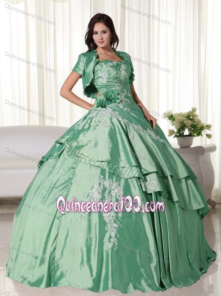 Green Ball Gown Corset Back Quinceanera Dress with White Appliques