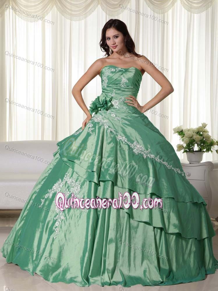 Green Ball Gown Corset Back Quinceanera Dress with White Appliques