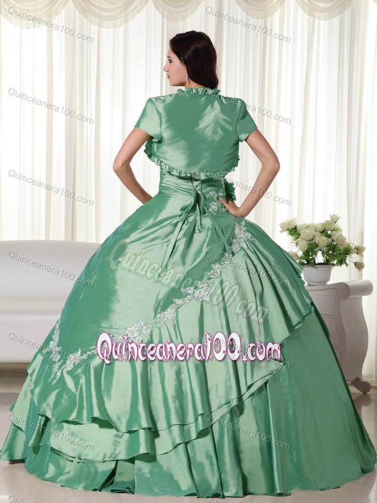 Green Ball Gown Corset Back Quinceanera Dress with White Appliques