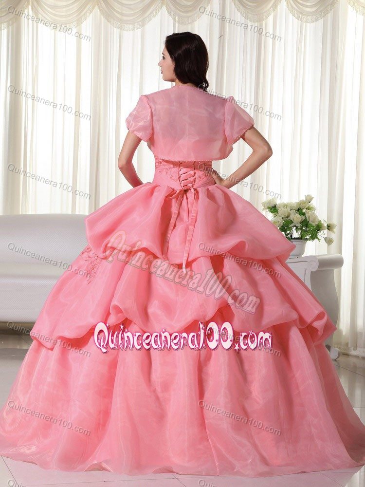 Matching Jacket Hand Flowers Quinceanera Dress in Watermelon Red