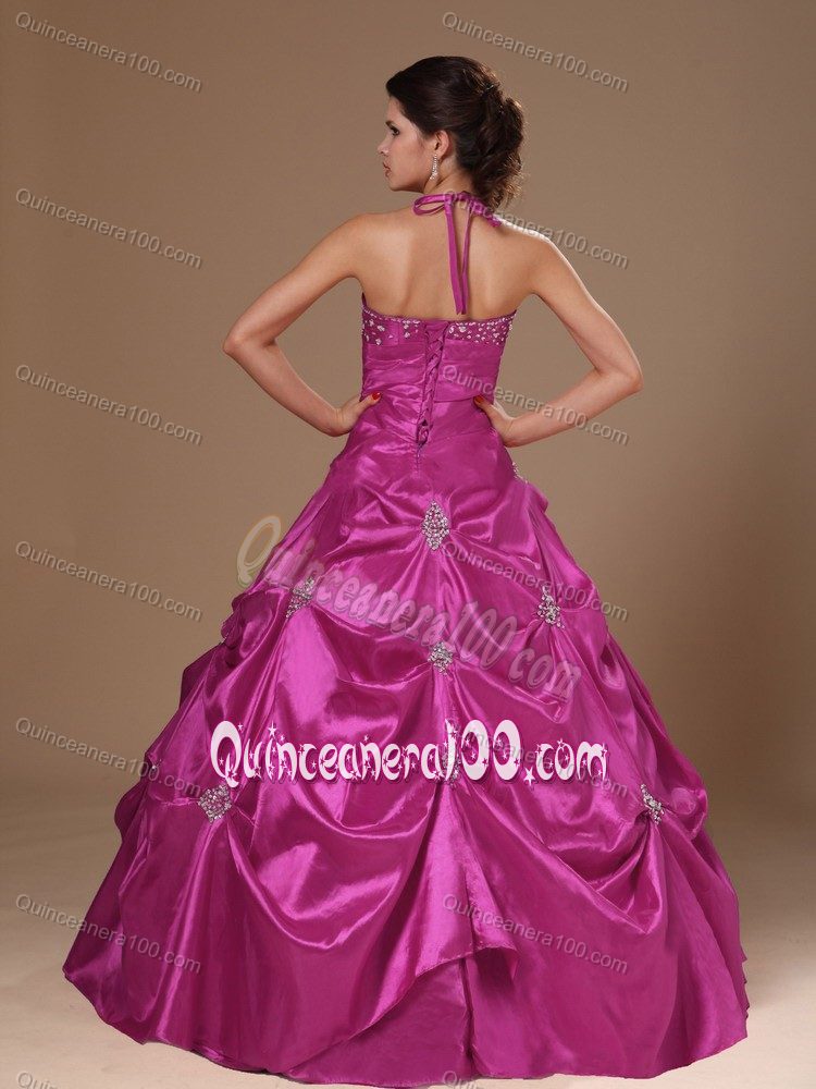 Pick-ups A-line Fuchsia Quinceanera Dresses with Halter and Beading