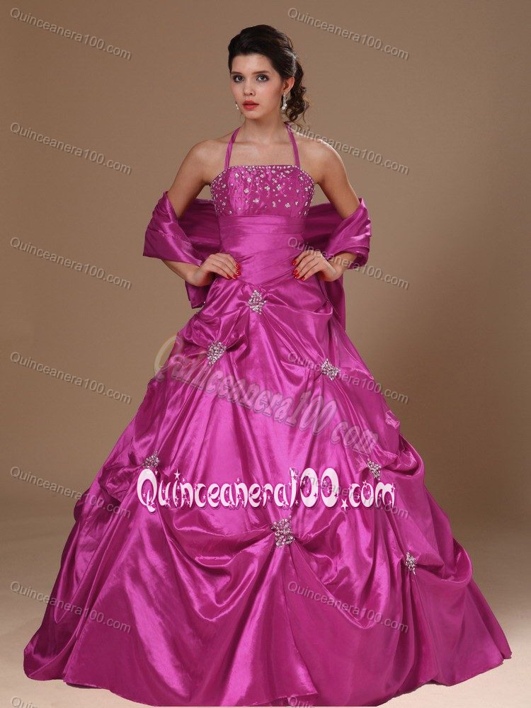 Pick-ups A-line Fuchsia Quinceanera Dresses with Halter and Beading