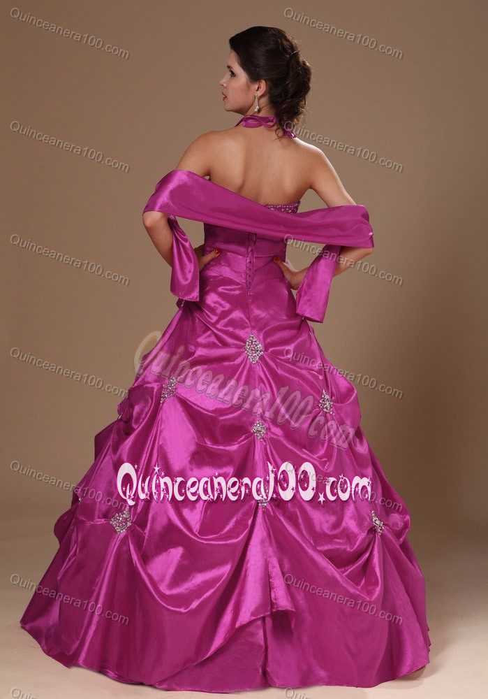 Pick-ups A-line Fuchsia Quinceanera Dresses with Halter and Beading