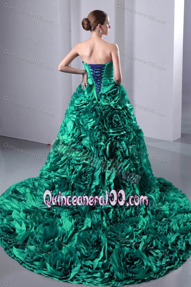 Flowers Pattern Decorated Turquoise Brush Train Quinceanea Dress