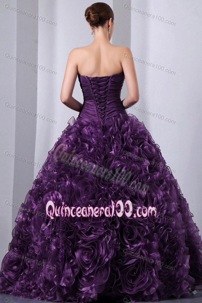 Eggplant Purple Beading and Hand Made Flowers Quinceanea Dress