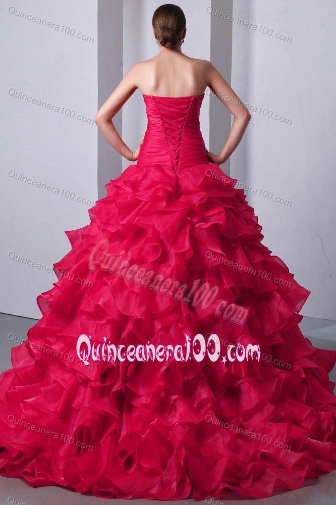 Hot Pink Beaded and Ruffles Discount 15 Dresses with Brush Train