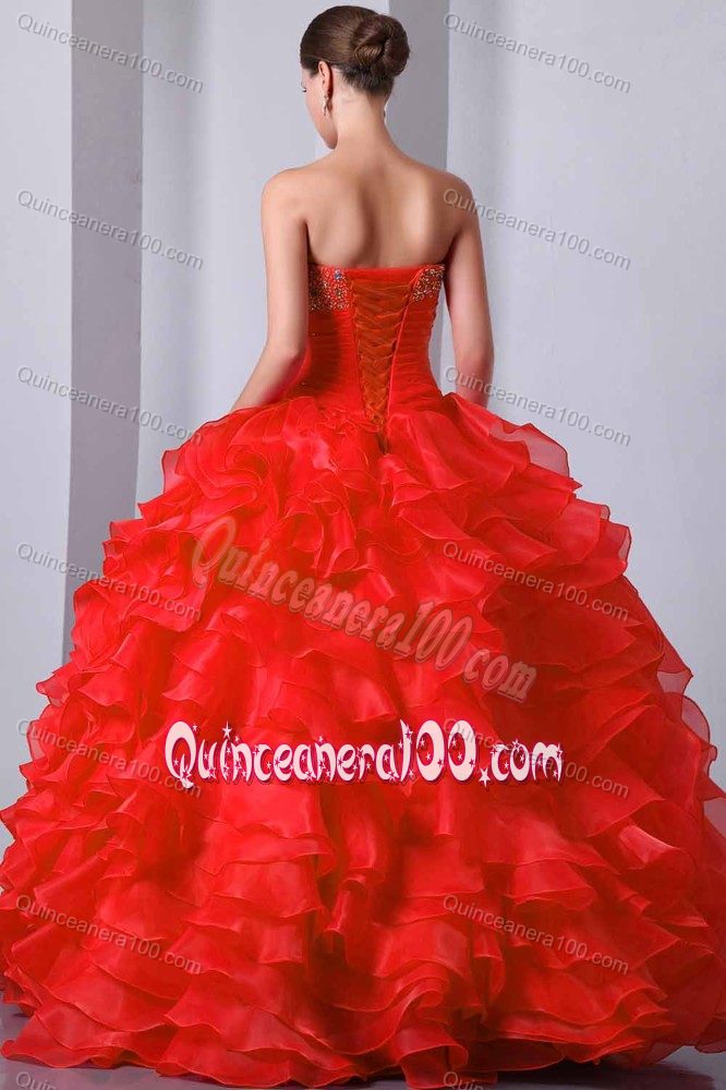 Red Princess Beading Sweetheart and Ruffles Quinceanera Gowns