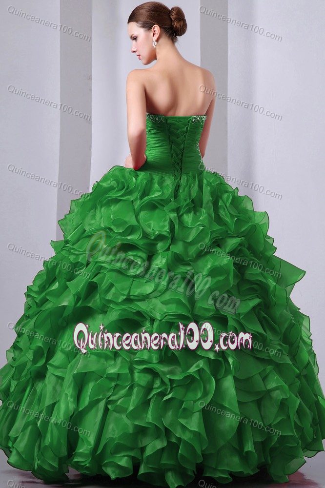 Green Beading and Ruffles Quinceanera Dress with Ruching Bodice