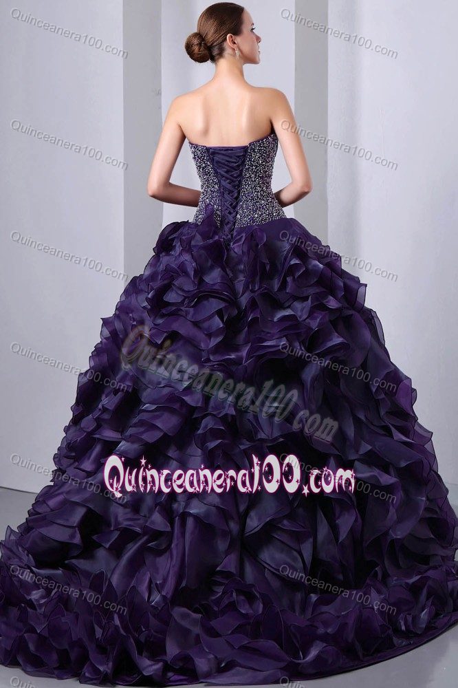 Dark Purple Brush Train Beading and Ruffles Sweet Sixteen Dresses