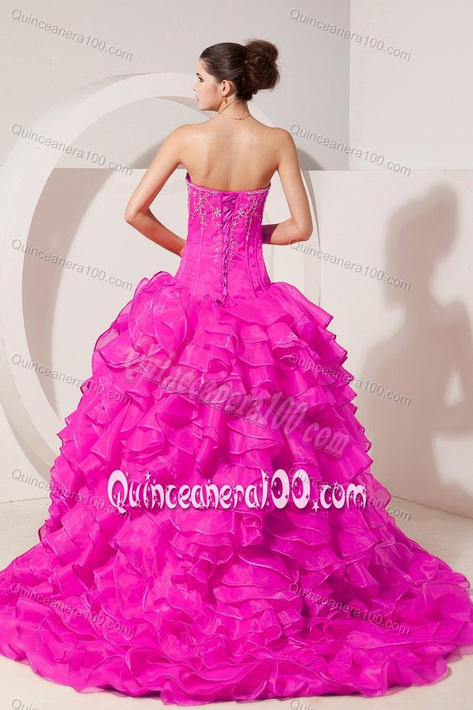 Brush Train and Boning Details Hot Pink Princess Beading Dresses 15