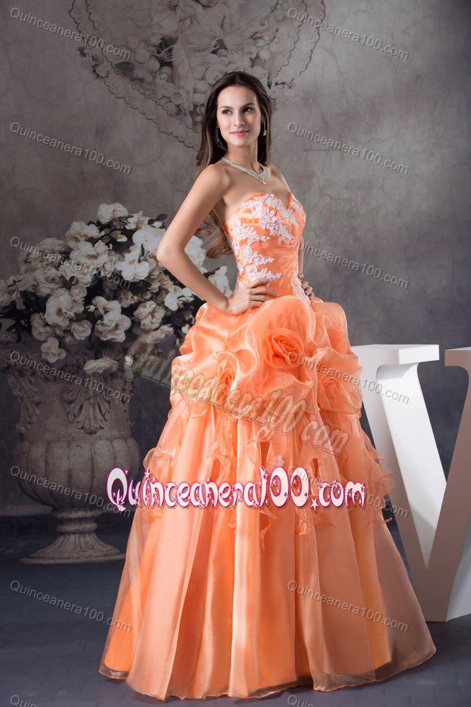 Hand Made Flowers and A Line Dress For Quinceaneras with Appliques