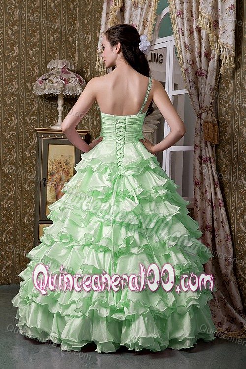 Apple Green One Shoulder Beading Ruffled Layers Quinceanea Dress