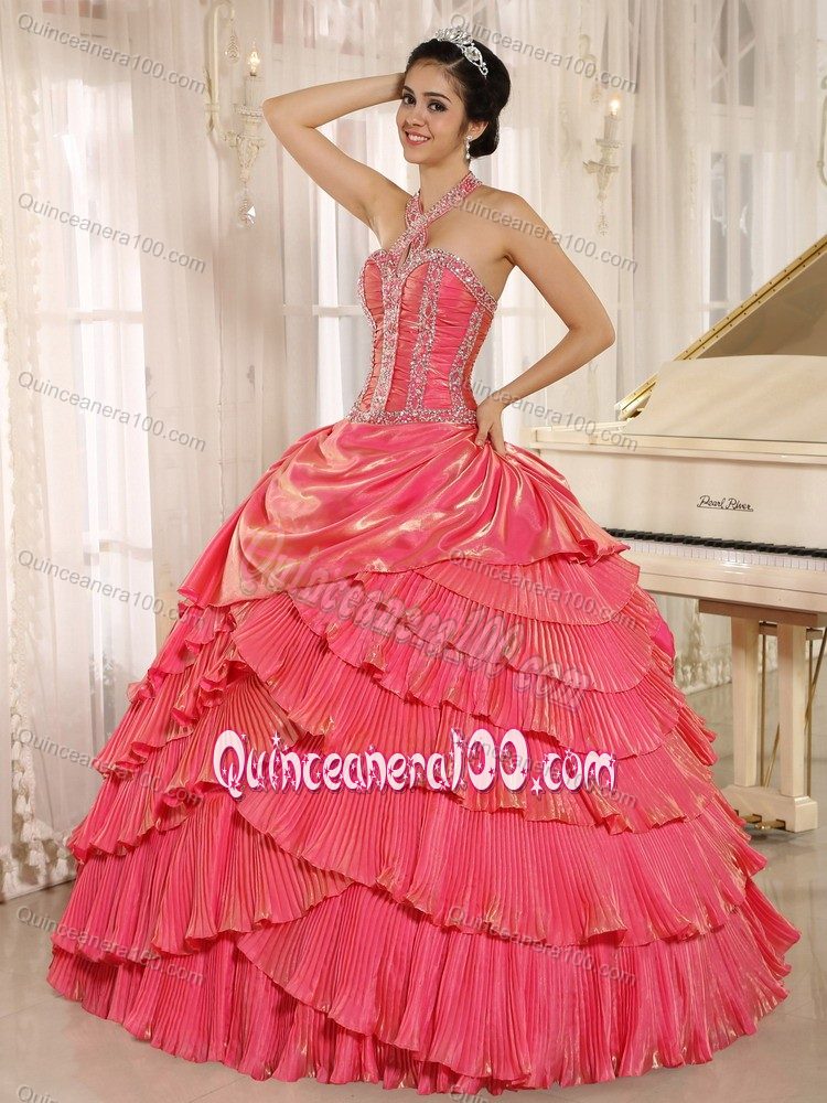 Halter Watermelon Pleating Quinceanera Dress with Beaded Bodice