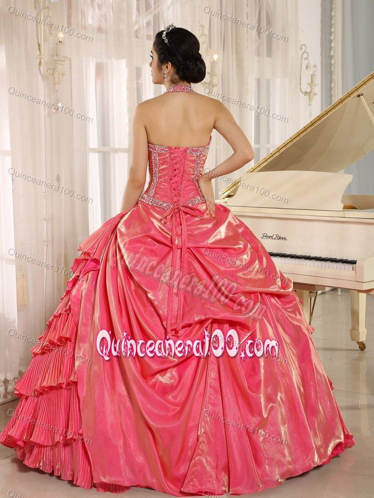 Halter Watermelon Pleating Quinceanera Dress with Beaded Bodice