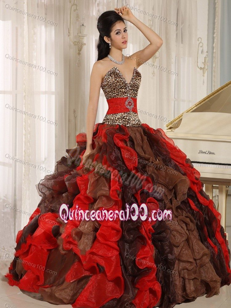 Multi-color V-neck Ruffles Quinceanera Dress with Leopard and Beading