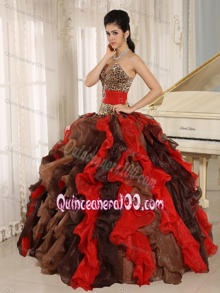 Multi-color V-neck Ruffles Quinceanera Dress with Leopard and Beading