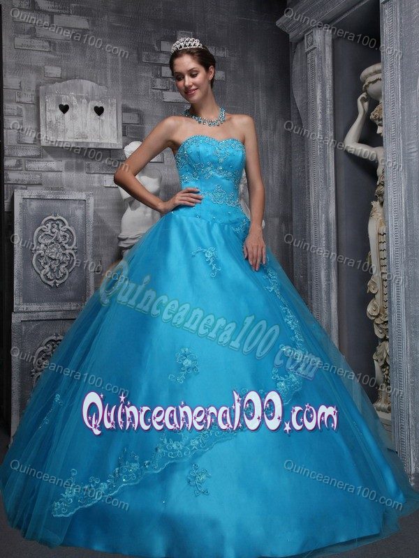 Apron Front Baby Blue Ball Gown Beading and Appliques Dresses 15