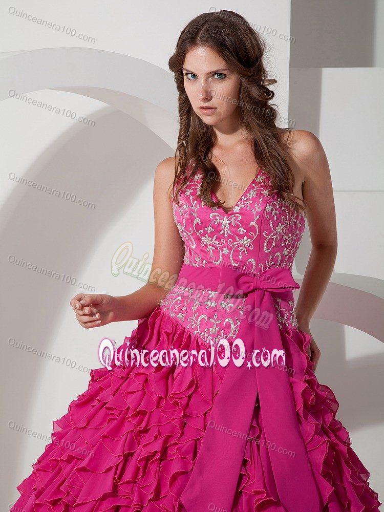 Pieces Ruffles and Halter Embroidery Quinceanera Dress in Hot Pink