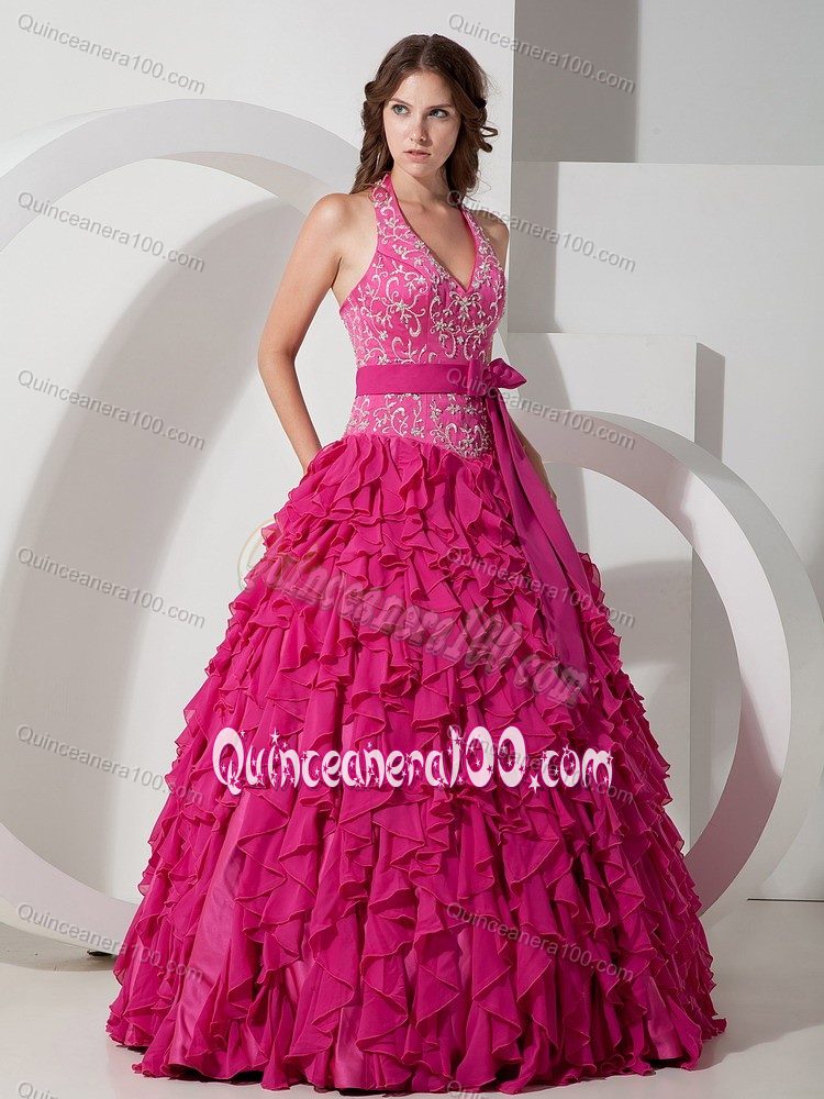 Pieces Ruffles and Halter Embroidery Quinceanera Dress in Hot Pink