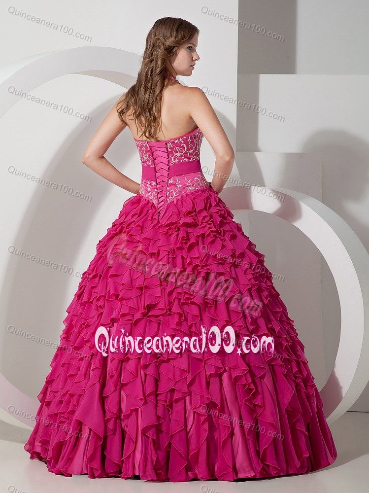 Pieces Ruffles and Halter Embroidery Quinceanera Dress in Hot Pink