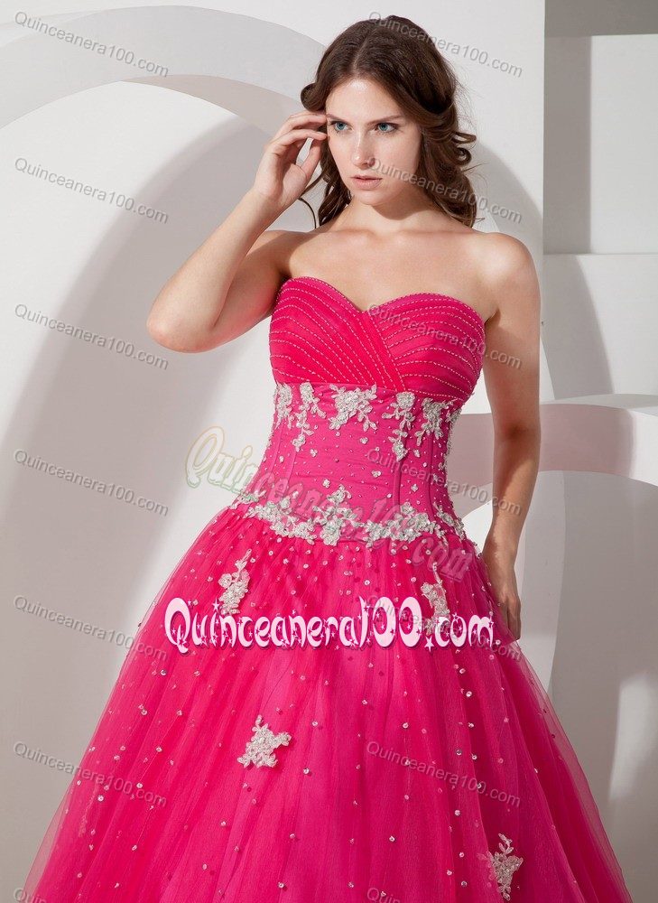 New Style Hot Pink Appliques and Beading Dress for Quinceanera