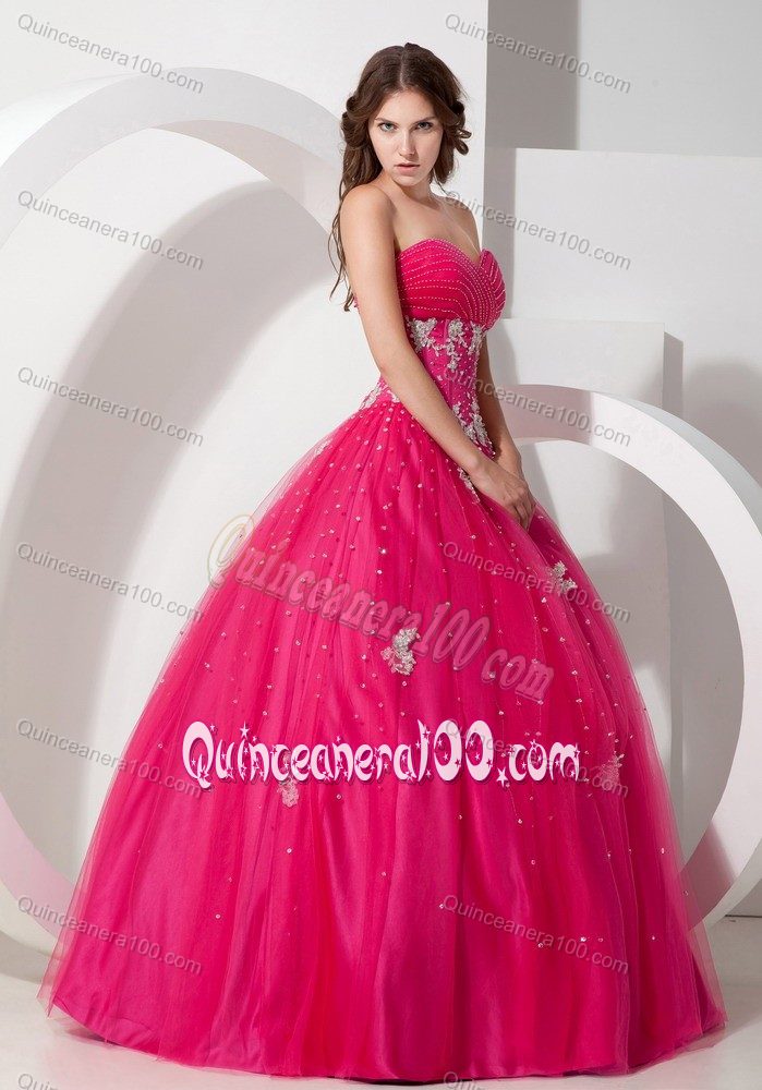 New Style Hot Pink Appliques and Beading Dress for Quinceanera